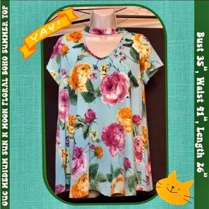 GUC M SUN & MOON MINT BLUE ROMANTIC FLORAL TOP W V  NECKLINE CUTOUT (bust 35")